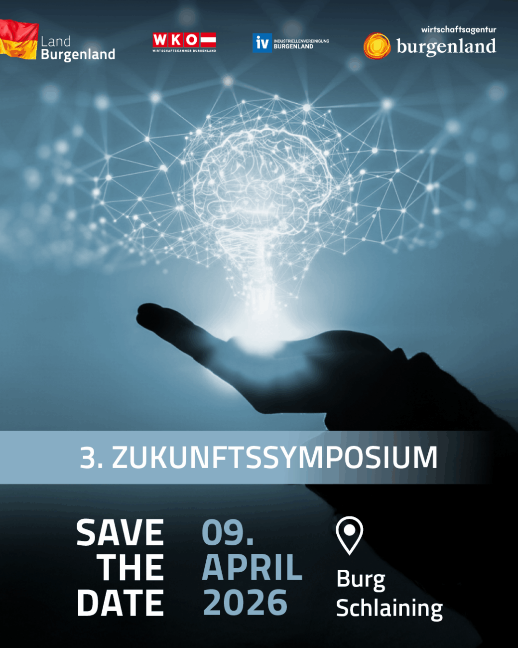 Save the Date: 3. Zukunftssymposium am 09. April 2026 in Burg Schlaining mit Gehirn-Netzwerk-Grafik